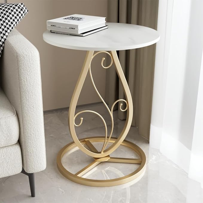 Boho Round Side Table with Natural Marble Top – Minimalist Metal Floral Base End Table for Living Room & Bedroom