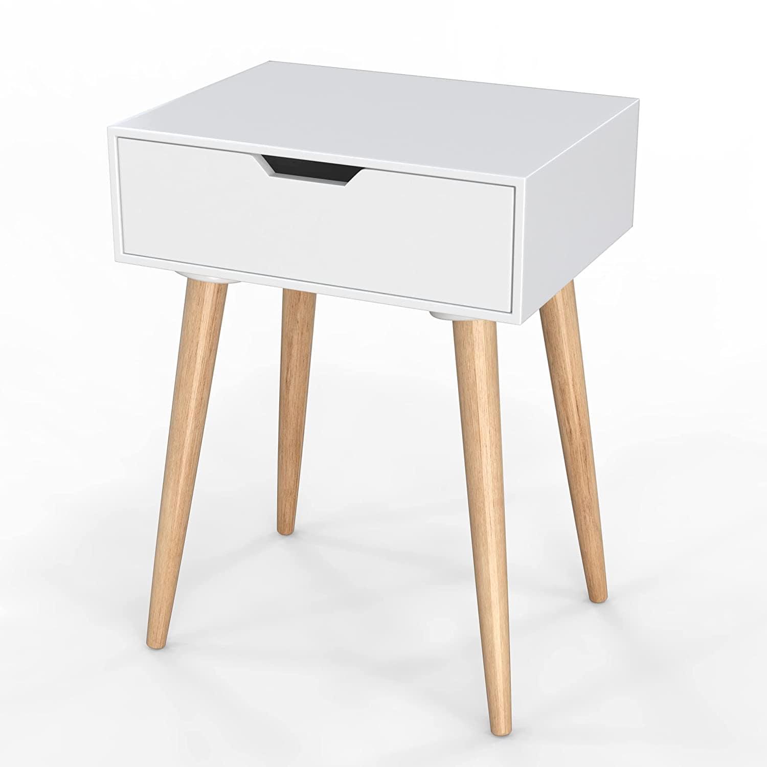 Nightstands End Side Table with Drawer and Solid Wood Legs, Bedside Table for Bedrooms, Mid-Century Modern Drawer Storage Cabinet for Living Room Furniture - Ouch Cart