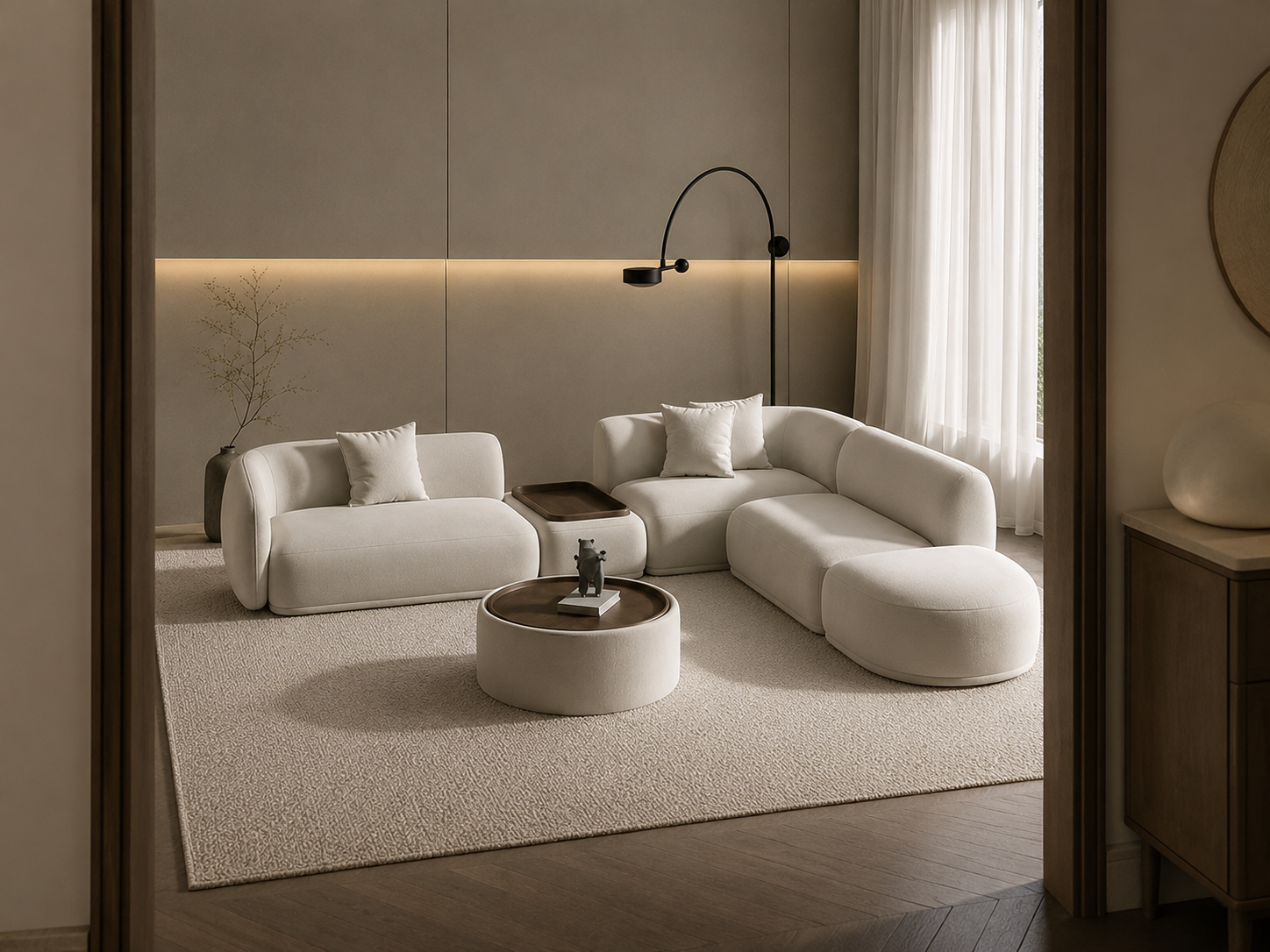 Ouch Cart Modern Curved Modular Sectional Sofa with Wooden Side Tray | Luxury Bouclé Upholstered L-Shaped Sofa Set for Living Room | Minimalist Contemporary Couch, Cream White OUCH CART