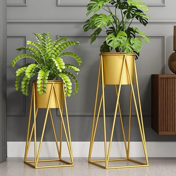 Planters for Indoor - Outdoor Plants & Modern Metal Floor Tall Plant Stand for Garden, Balcony & Living Room & Mid Century Plant Stands with Pots Set of 2 OUCH CART