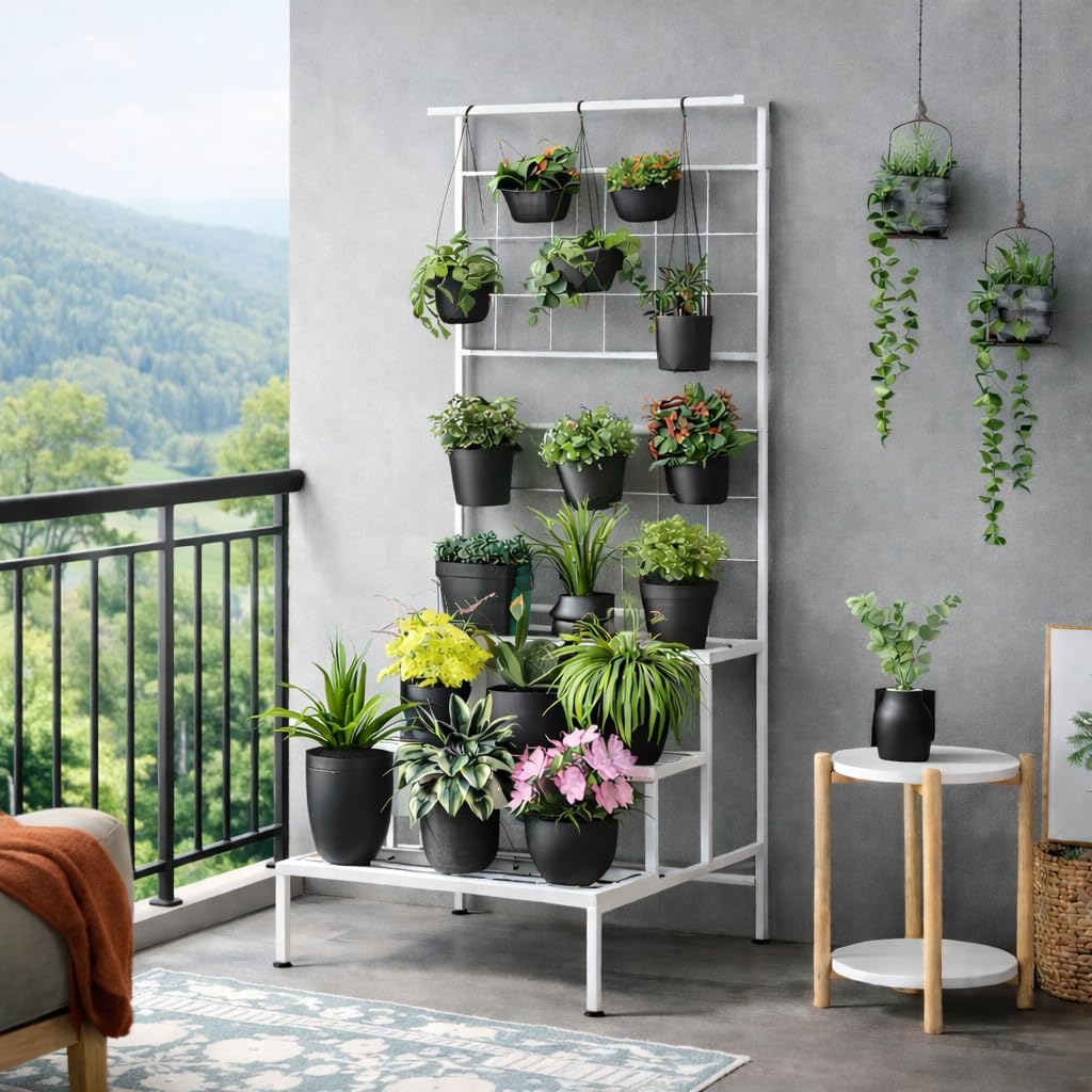 Plant Stand 3-Tier Hanging Shelves Flower Pot Organizer Multiple Flower Display Holder Indoor Outdoor Heavy Duty Potted Planter Rack Unit with Grid Panel for Living Room Balcony