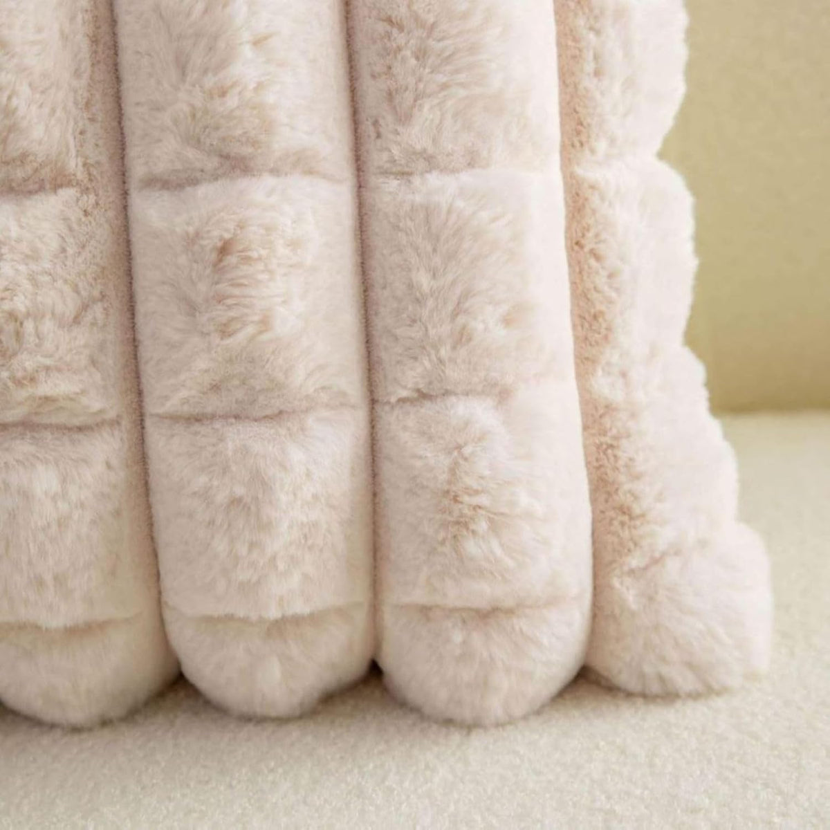 Cream Checkered Faux Fur Cushion Covers, 16 x 16 Inch, Set of 2 OUCH CART