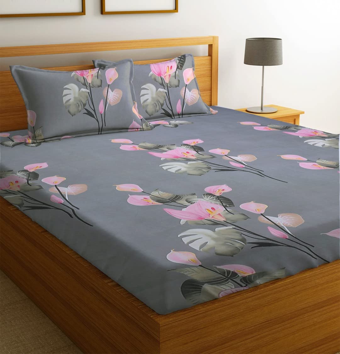 Glace Cotton Single Bedsheet with 1 Pillow Cover | 220 Thread Count | Superfine Floral Print Flat Bedsheet | Soft & Comfortable Summer Bedding for Adults OUCH CART