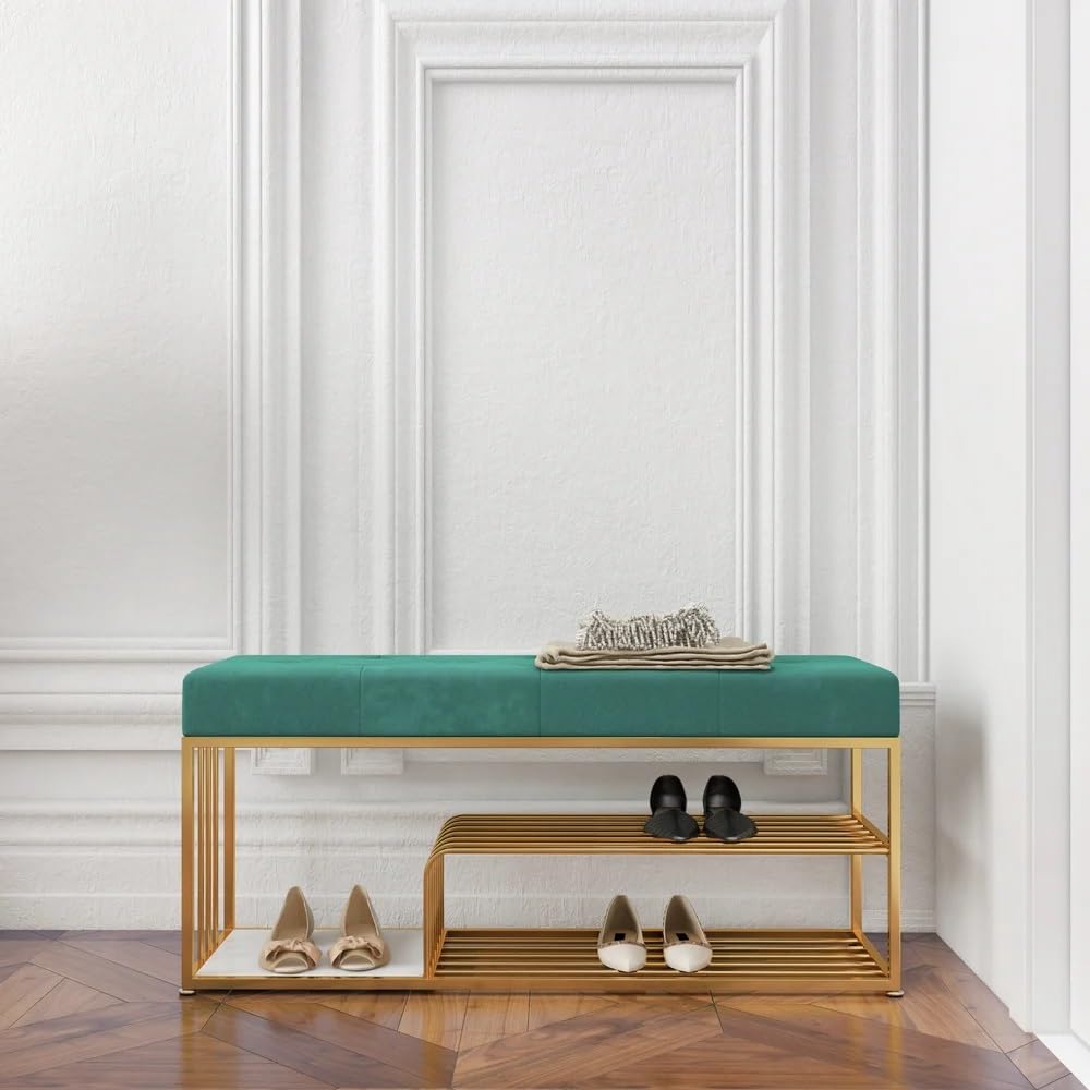 Velvet Upholstered Entryway Shoe Rack Bench with Storage