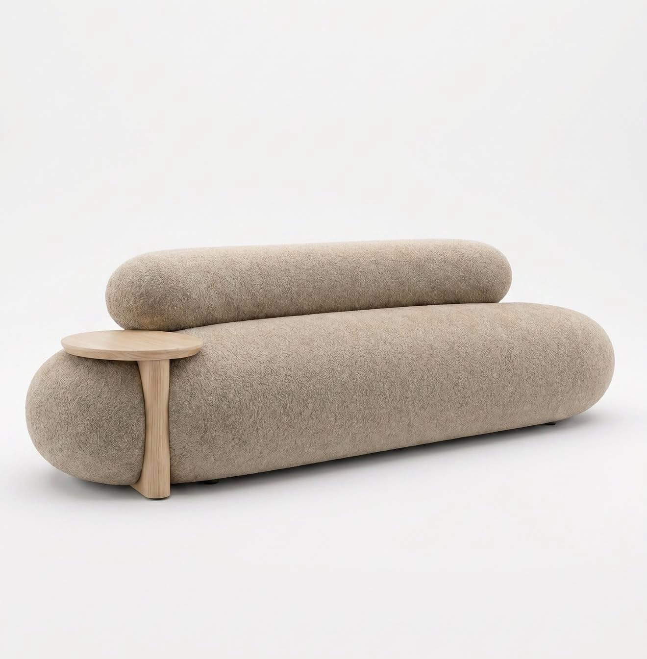 Modern 2-Seater Sofa with Side Table – Curved Upholstered Couch for Living Room