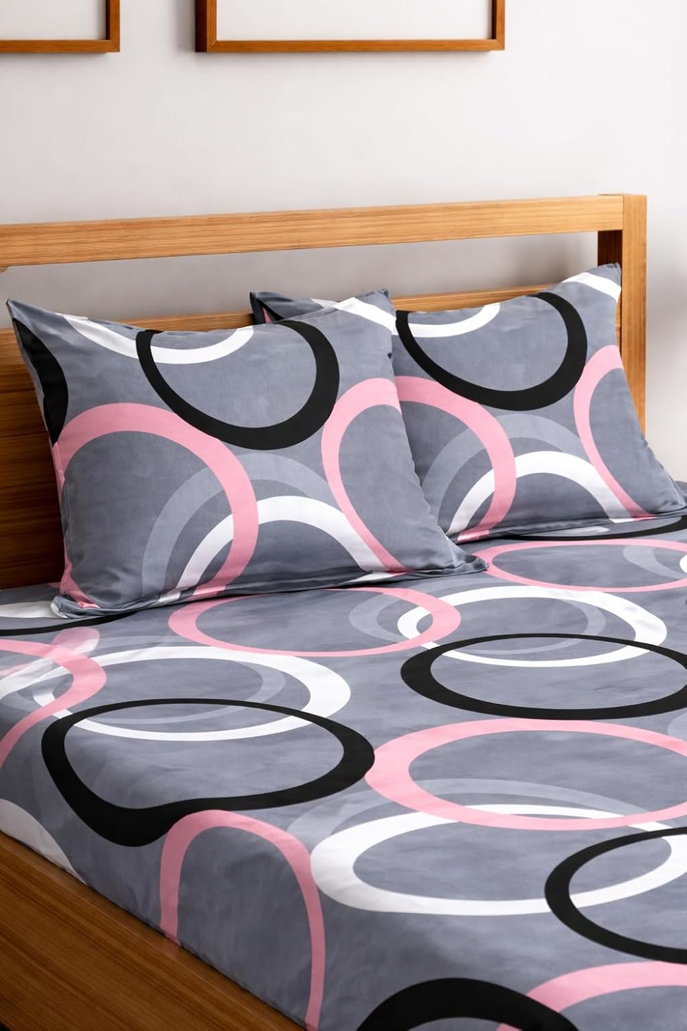 Cotton Fitted Bedsheet for Double Queen Bed with 2 Pillow Covers | Geometric Print, Superfine Fabric | Yellow