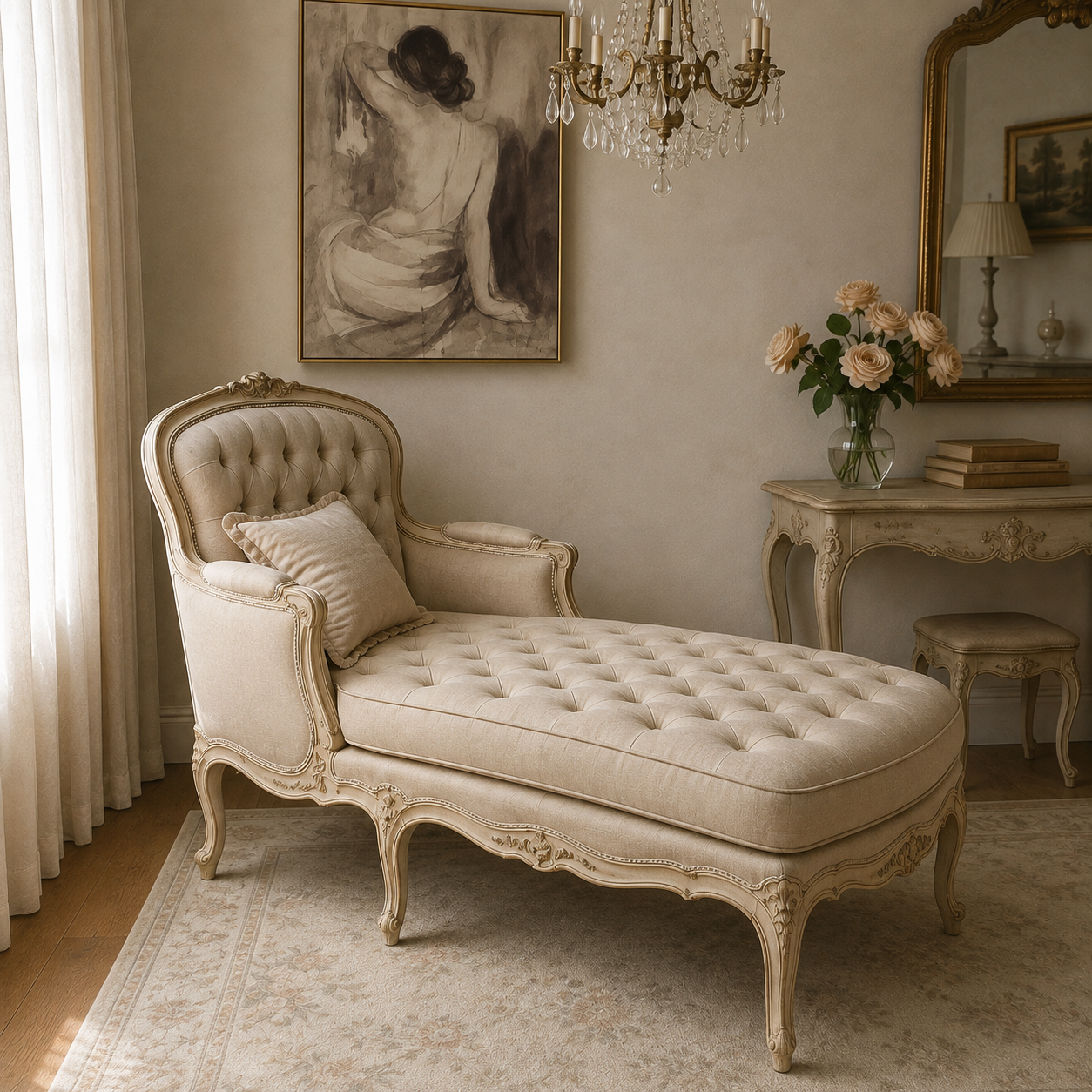 Luxury Tufted Chaise Lounge | Elegant French Style Upholstered Daybed for Bedroom & Living Room Ouch Cart