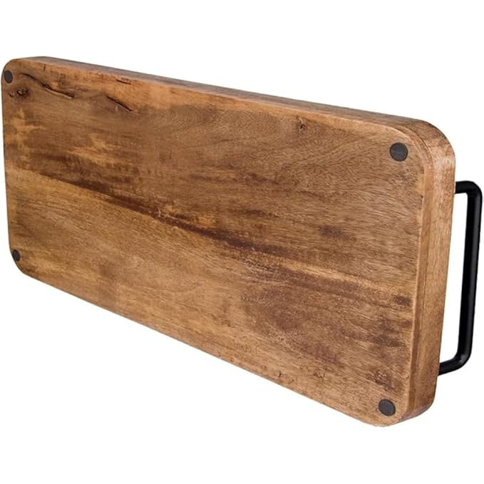 Vintage Mango Wood Serving Tray with Metal Handles – Unique Rectangular Kitchen Tray Ouch Cart