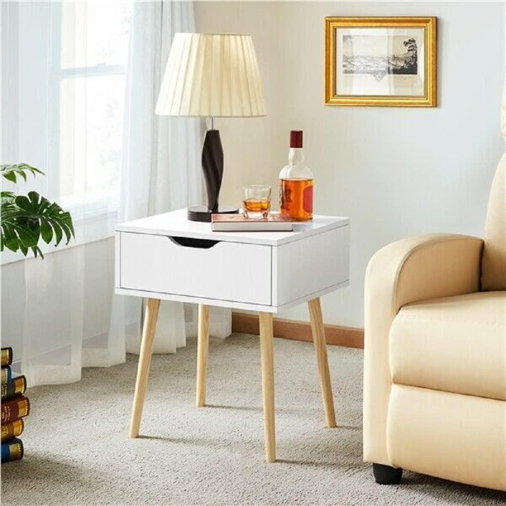 Nightstands End Side Table with Drawer and Solid Wood Legs, Bedside Table for Bedrooms, Mid-Century Modern Drawer Storage Cabinet for Living Room Furniture - Ouch Cart