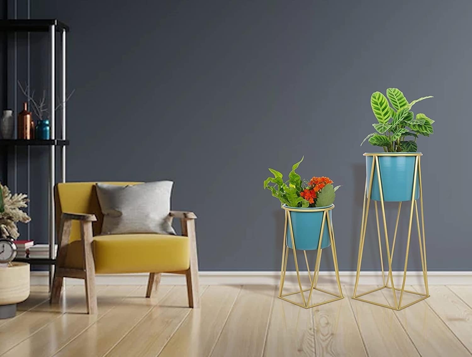 Planters for Indoor - Outdoor Plants & Modern Metal Floor Tall Plant Stand for Garden, Balcony & Living Room & Mid Century Plant Stands with Pots Set of 2