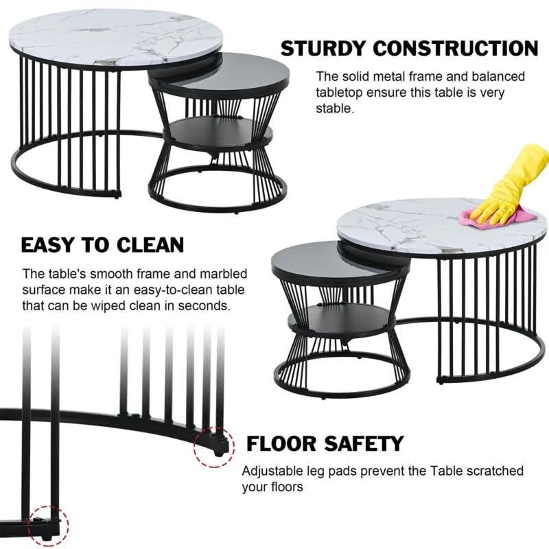 Round Modern Nesting Coffee Table Set of 2 with Marble Veneer Tops OUCH CART