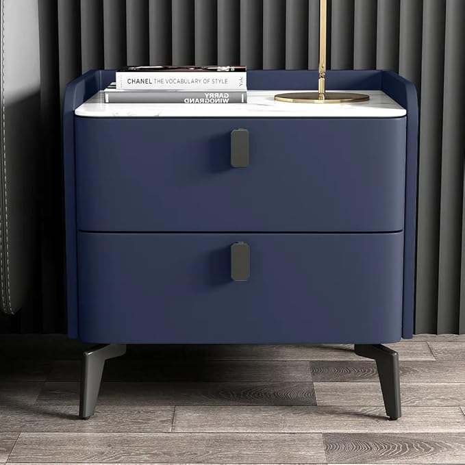 Ouch Cart Modern Blue Bedside Table with 2 Drawers & Marble Top – Top View Ouch Cart