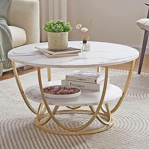 Round Gold Coffee Table,2 Tier Coffee Tables for Living Room - Ouch Cart