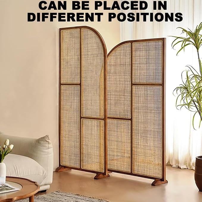 Ouch Cart 2 Panel Wooden Room Divider | Folding Rattan Privacy Screen with Non-Slip Feet