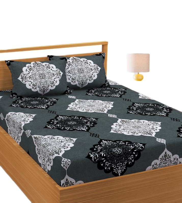 All-Round Elastic Single Fitted Bedsheet with 1 Pillow Cover | 300 TC Glace Cotton | Superfine Ethnic Motif Print | Soft & Comfortable Summer Bedsheet OUCH CART