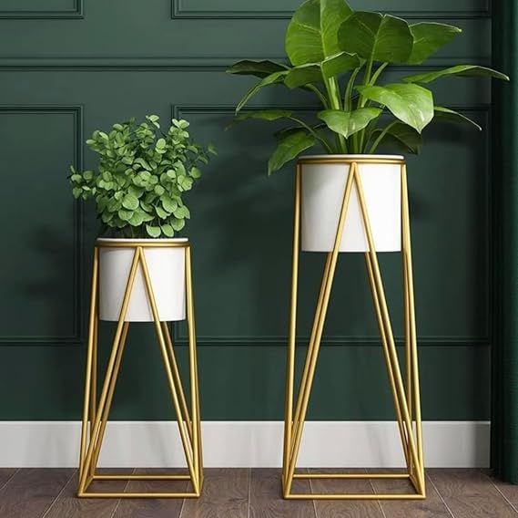 Planters for Indoor - Outdoor Plants & Modern Metal Floor Tall Plant Stand for Garden, Balcony & Living Room & Mid Century Plant Stands with Pots Set of 2 OUCH CART