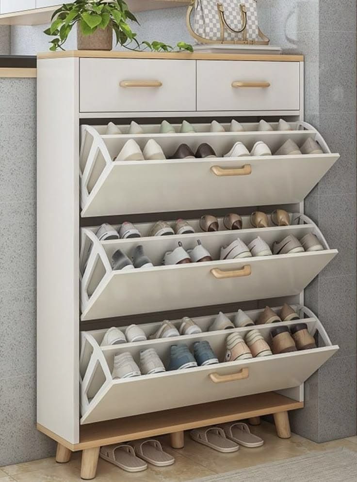 Modern Wooden Shoe Cabinet with Flip Drawers | Space-Saving Entryway Shoe Storage Organizer | Ouch Cart OUCH CART