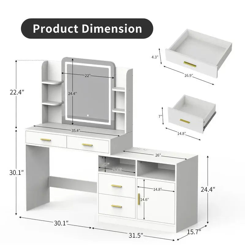 Large 62" White Vanity Table with 22" LED Lighted Mirror, Power Outlet & 4 Storage Drawers – Perfect Bedroom Makeup Desk