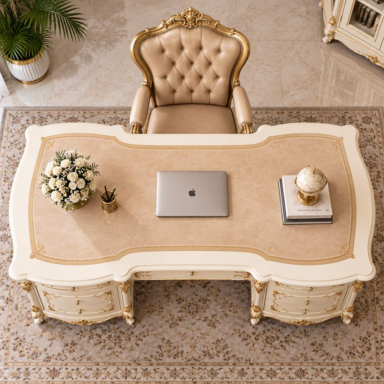 Luxury French Rococo Executive Office Desk | Ivory & Gold Carved Wooden Writing Table
