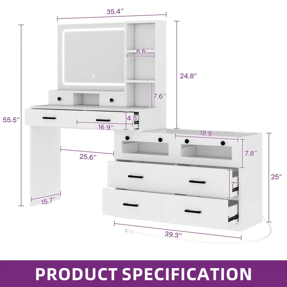 66" Lighted Makeup Vanity Table with LED Mirror, 10 Drawers and RGB Color Lights