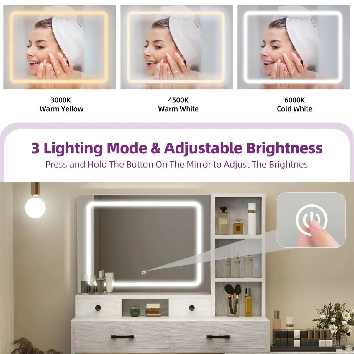 66" Lighted Makeup Vanity Table with LED Mirror, 10 Drawers and RGB Color Lights