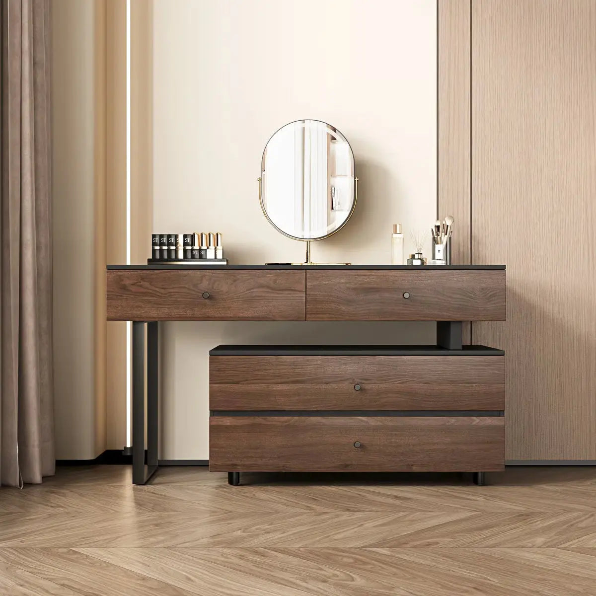 68.9" Extended Desk Vanity Table – Walnut Wood, 4 Storage Drawers for Bedroom