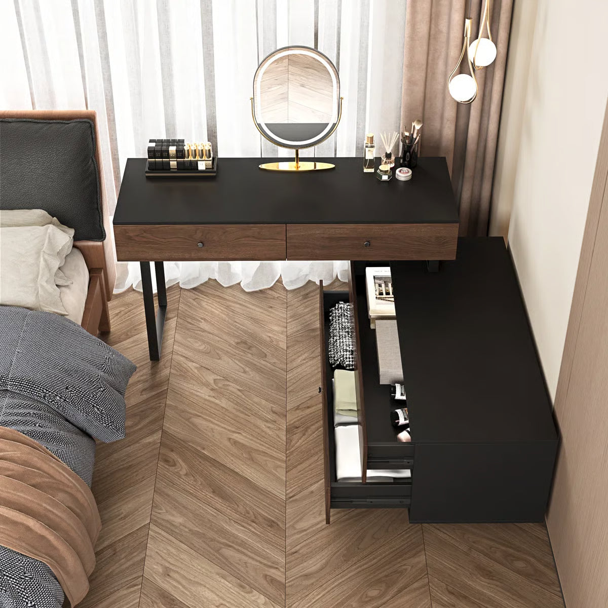 68.9" Extended Desk Vanity Table – Walnut Wood, 4 Storage Drawers for Bedroom