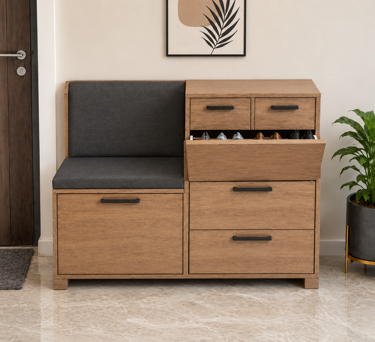 Modern Wooden Shoe Storage Cabinet with Cushioned Bench Seat | Entryway Shoe Organizer with Soft-Close Drawers & Matte Black Handles Ouch Cart