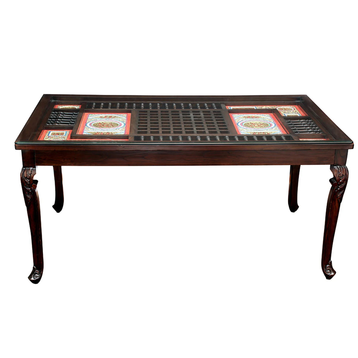 6 Seater Wooden Dining Table Set with Chairs | Solid Wood Dining Table with Glass Top & Upholstered Chairs OUCH CART