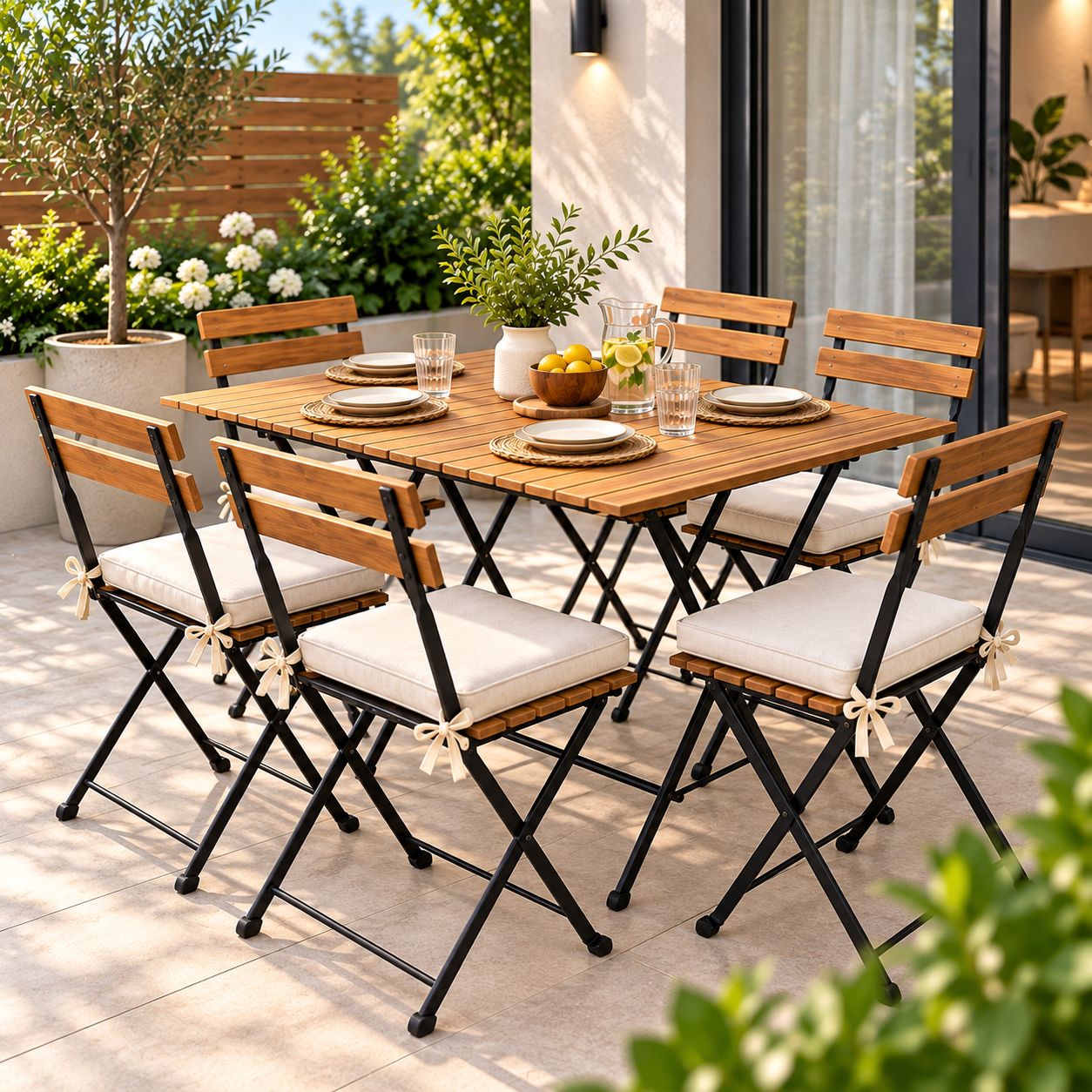 6 Seater Wooden Dining Table Set with Folding Chairs