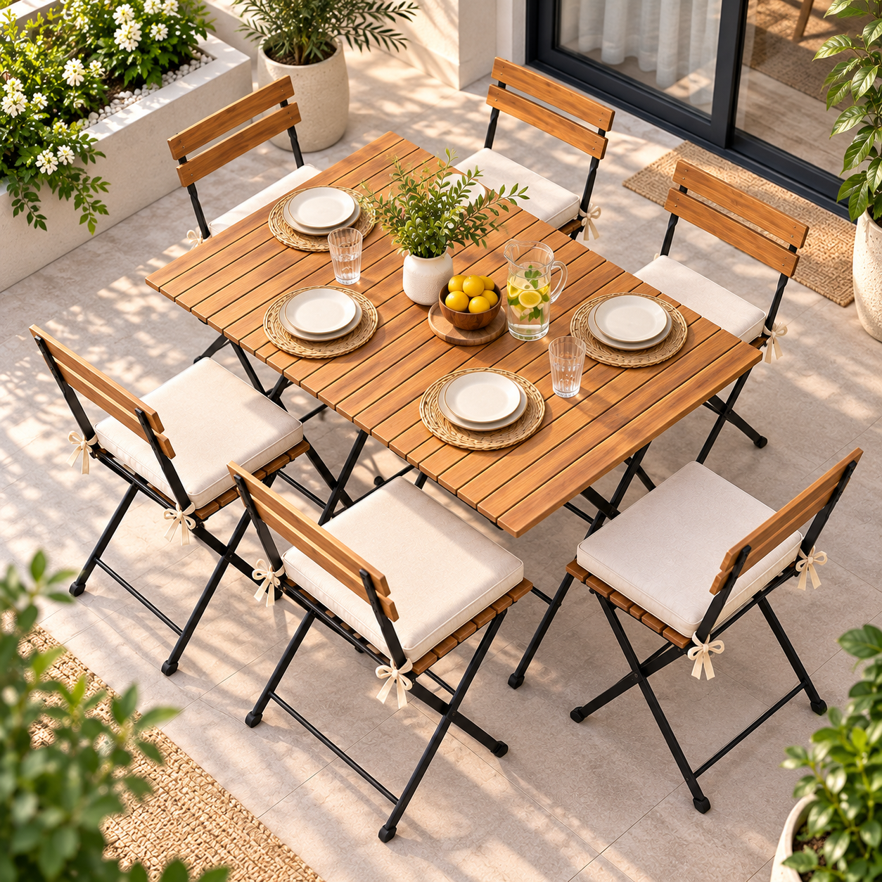 6 Seater Wooden Dining Table Set with Folding Chairs