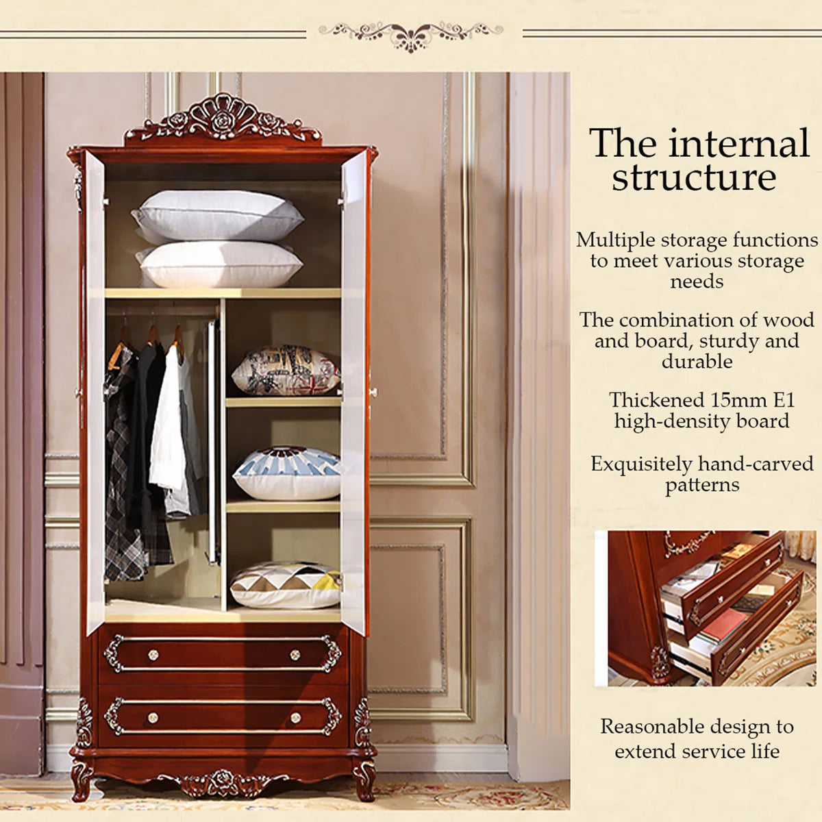 Carved Oak European-Style Wardrobe – Classic Wooden Bedroom Armoire