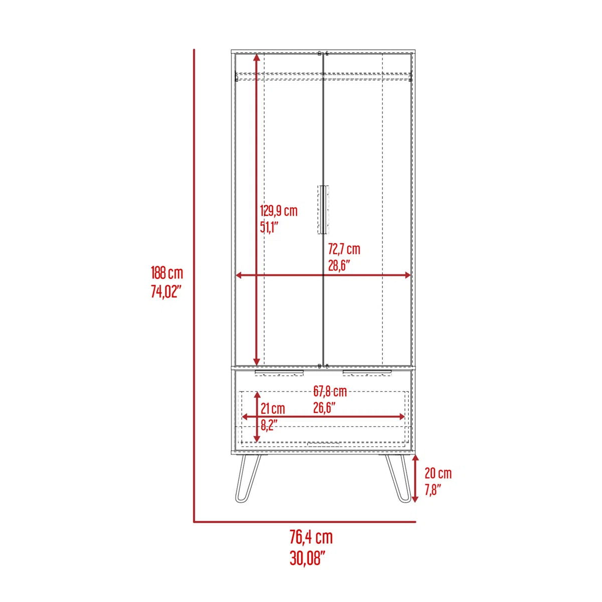 Light Oak Wardrobe – Wooden Bedroom Closet with 2 Doors & 1 Storage Drawer OUCH CART