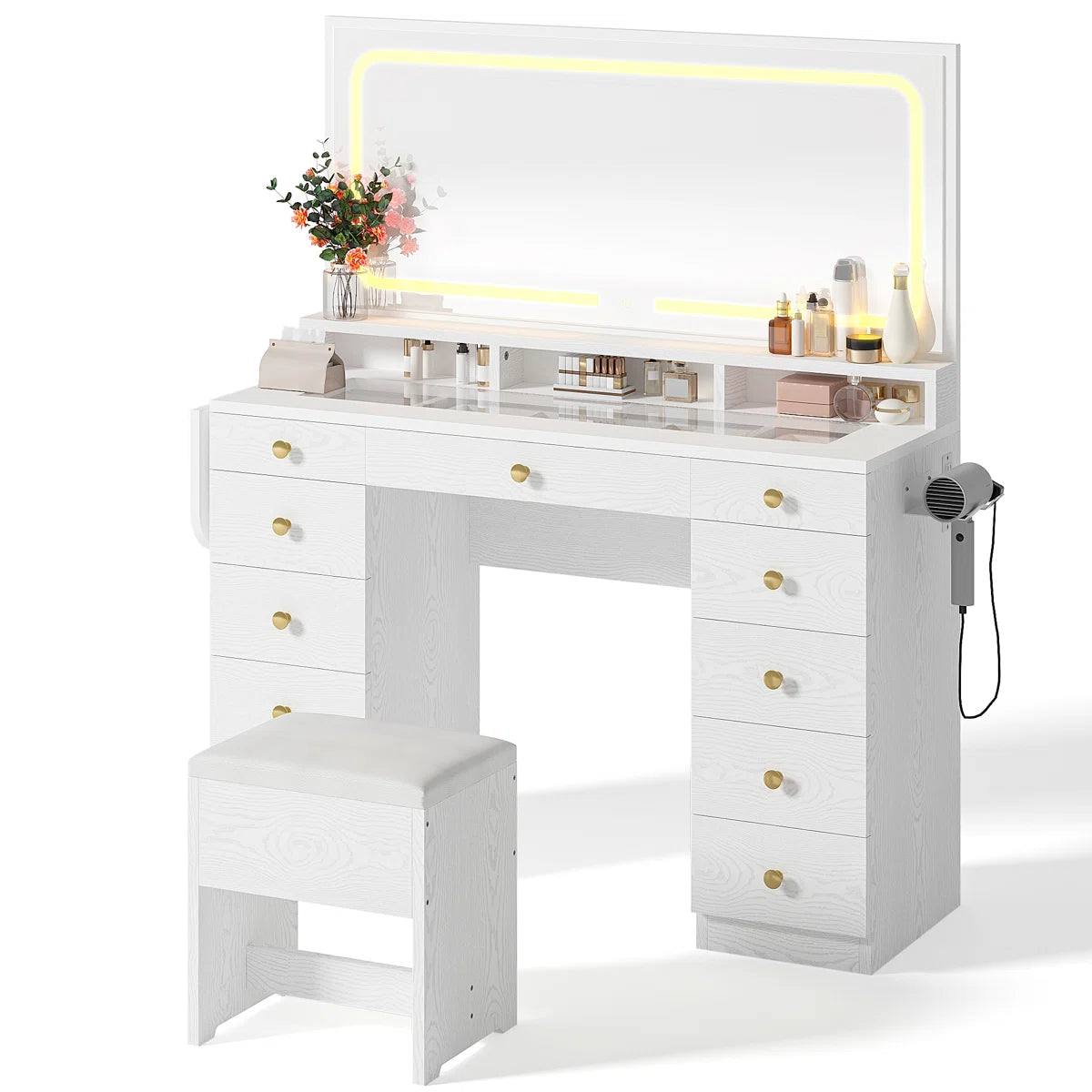 Makeup Vanity Set with Mirror, Power Outlet, 11 Drawers, and Matching Stool