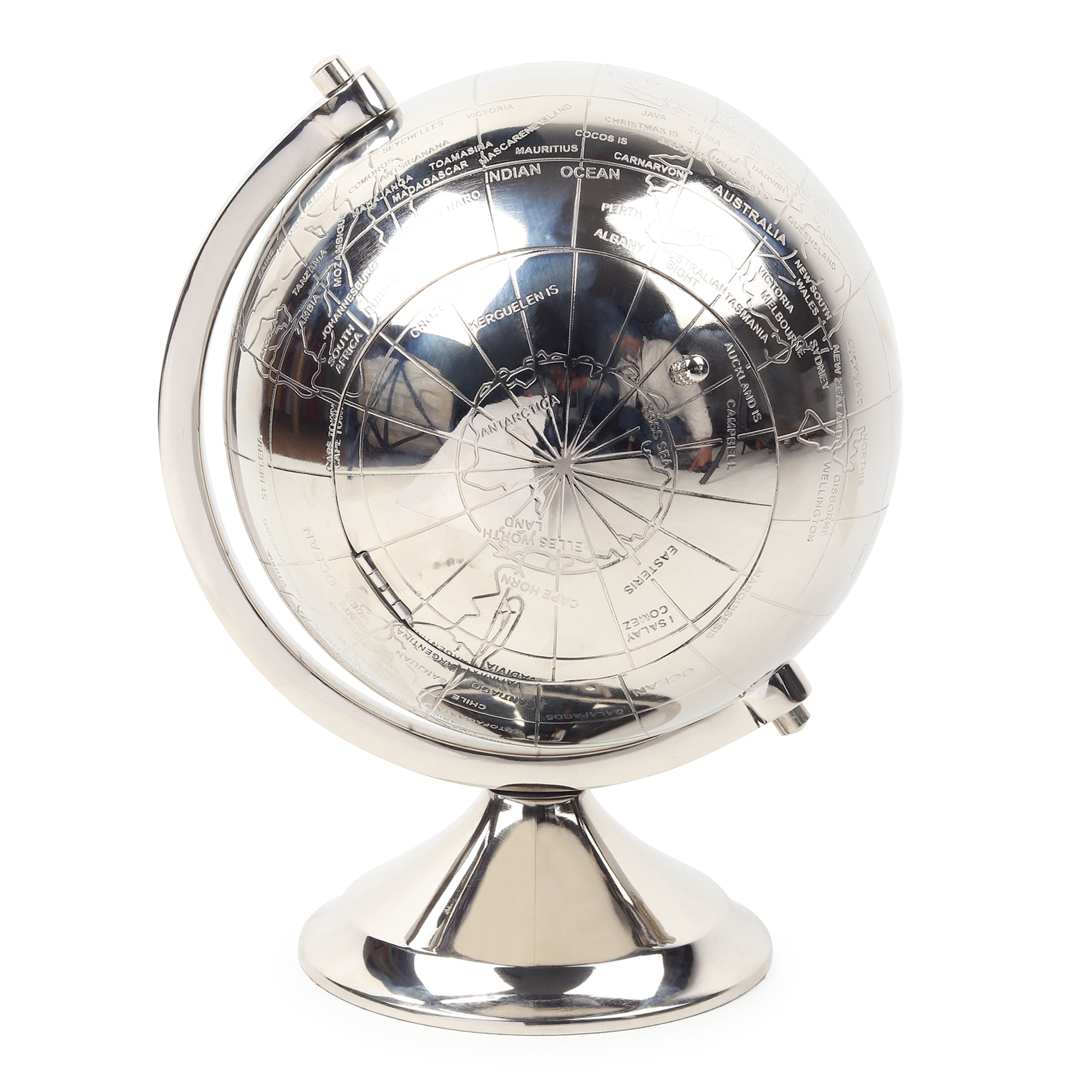 The Etched World Table Clock in Silver M.M.I. OVERSEAS