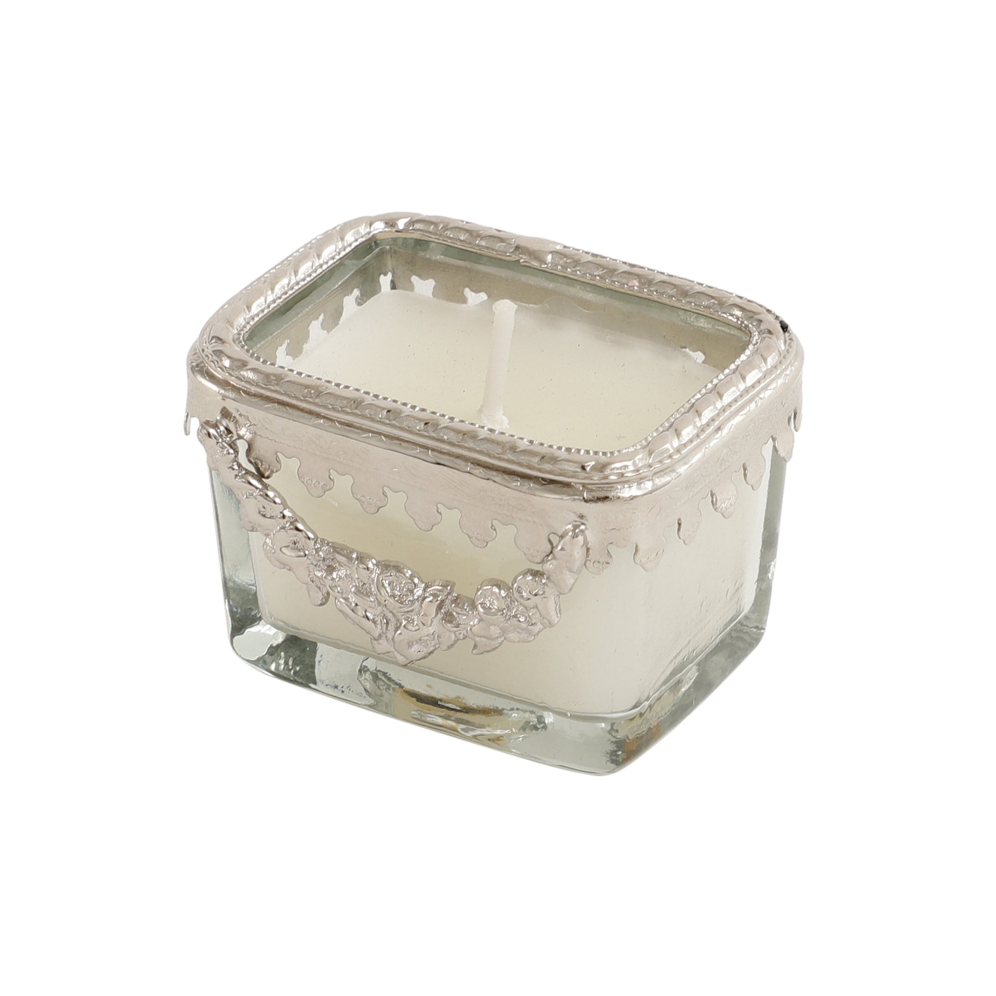 Snowy Whisper White Scented Candle Glass Jar With Silver Ring M.M.I. OVERSEAS