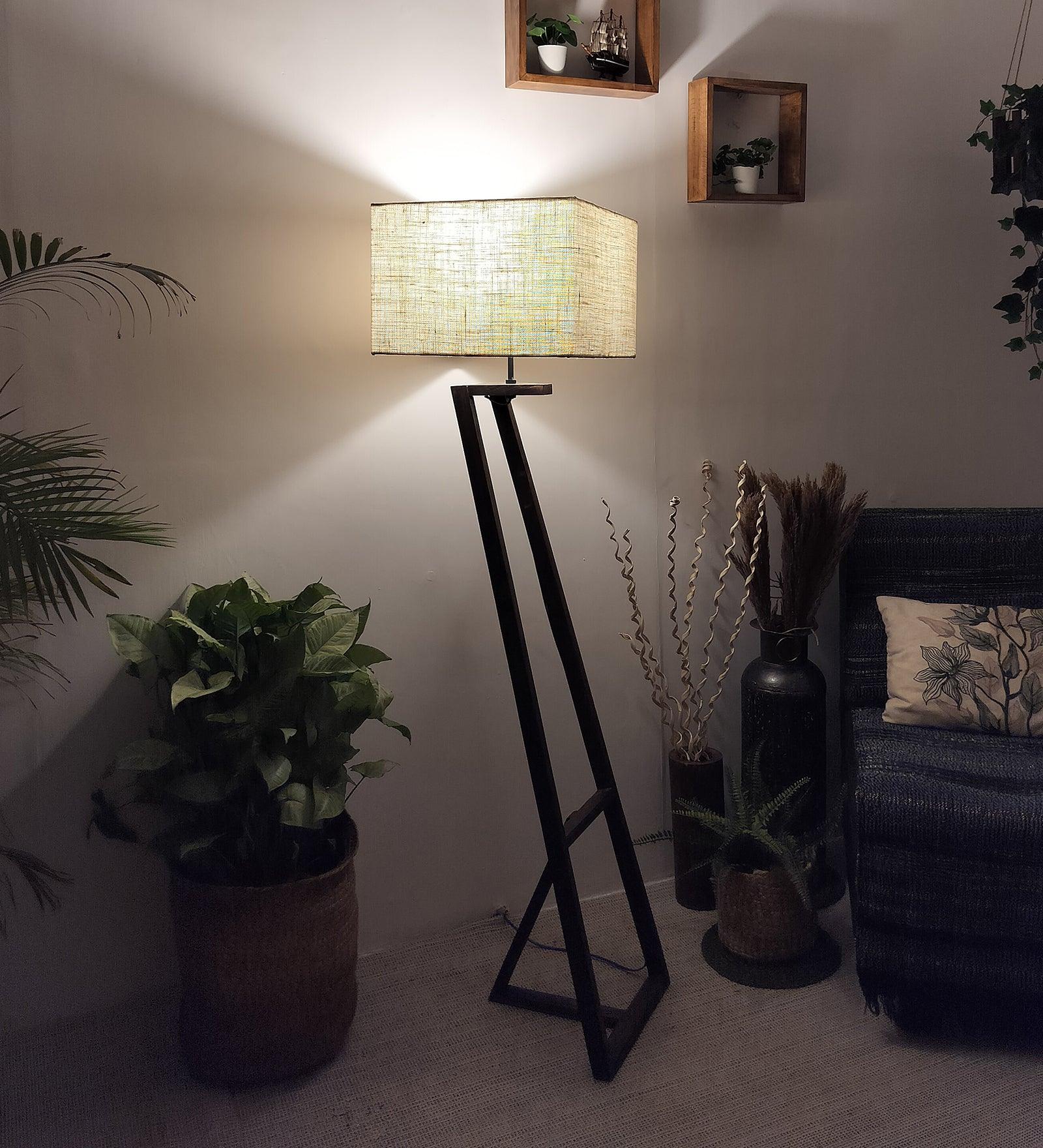 Angular Wooden Floor Lamp with Brown Base and Premium Beige Fabric Lampshade (BULB NOT INCLUDED) - Ouch Cart