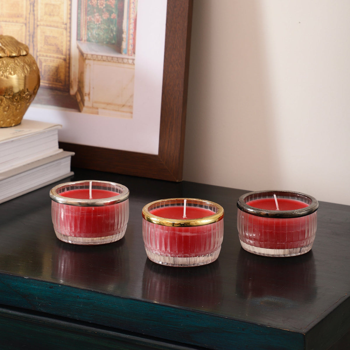 cherry blossom red scented candle glass jar with Golden ring M.M.I. OVERSEAS