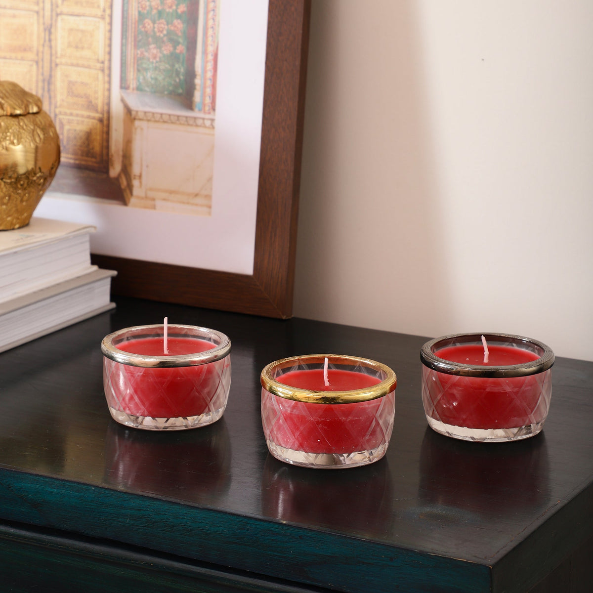 cherry blossom red scented candle jar with Golden ring M.M.I. OVERSEAS