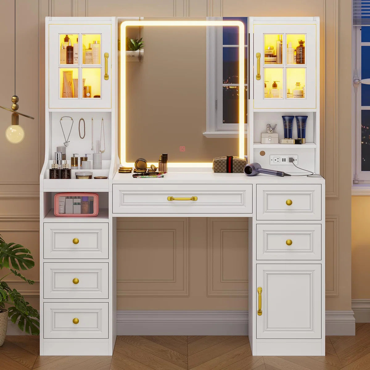 Modern Vanity Desk with 6 Drawers, Touch Control Mirror & Lights, RGB Cabinets, Charging Station, and Hooks-OUCH CART |Dressing table