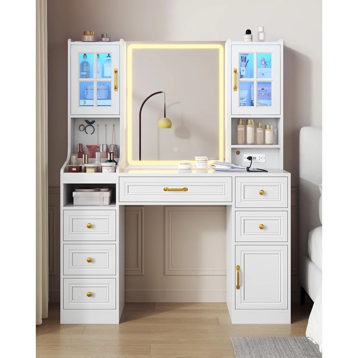 Modern Vanity Desk with 6 Drawers, Touch Control Mirror & Lights, Cabinets, Charging Station OUCH CART