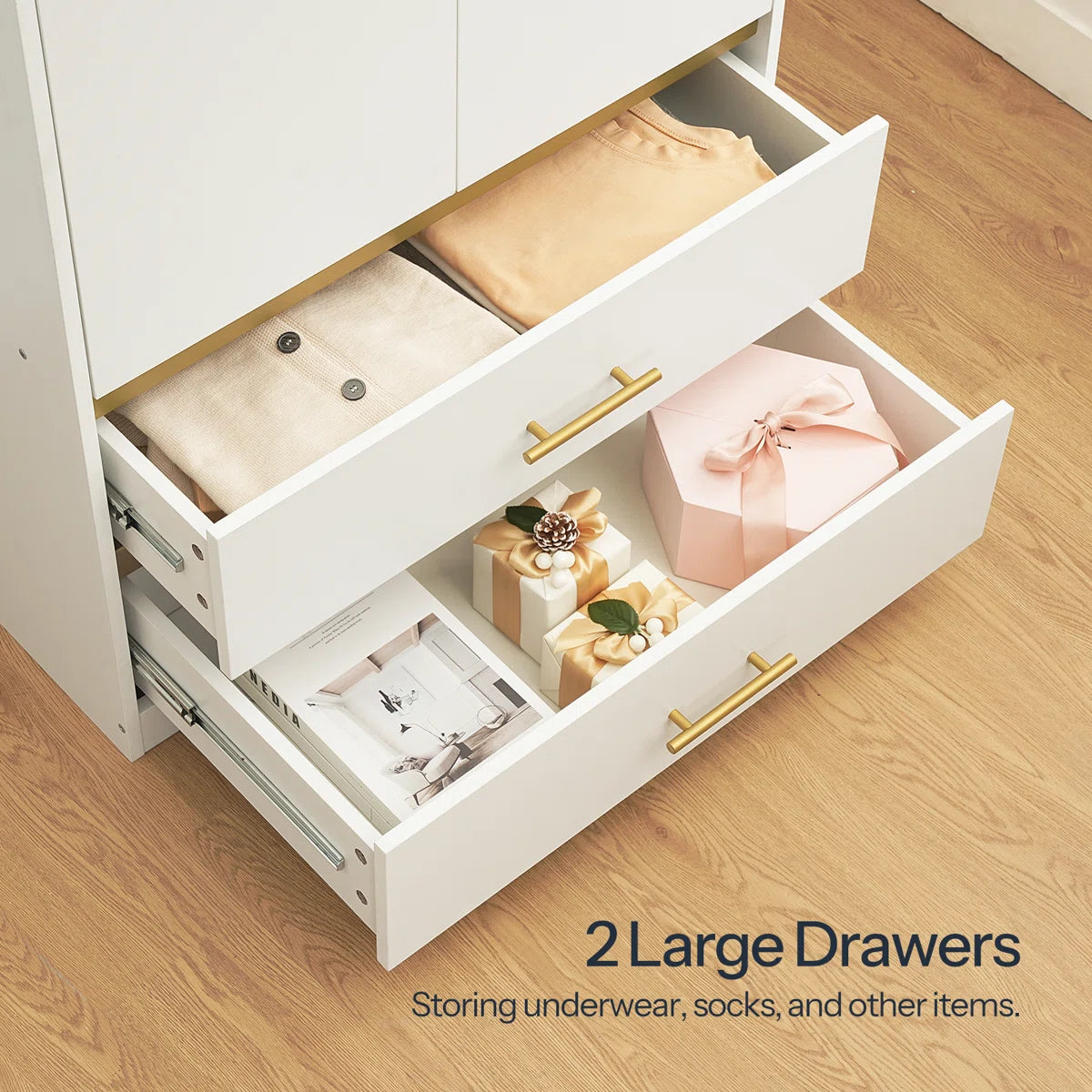 2-Door 66.9" H Armoire Wardrobe – Closet with Hanging Rod & 2 Drawers OUCH CART