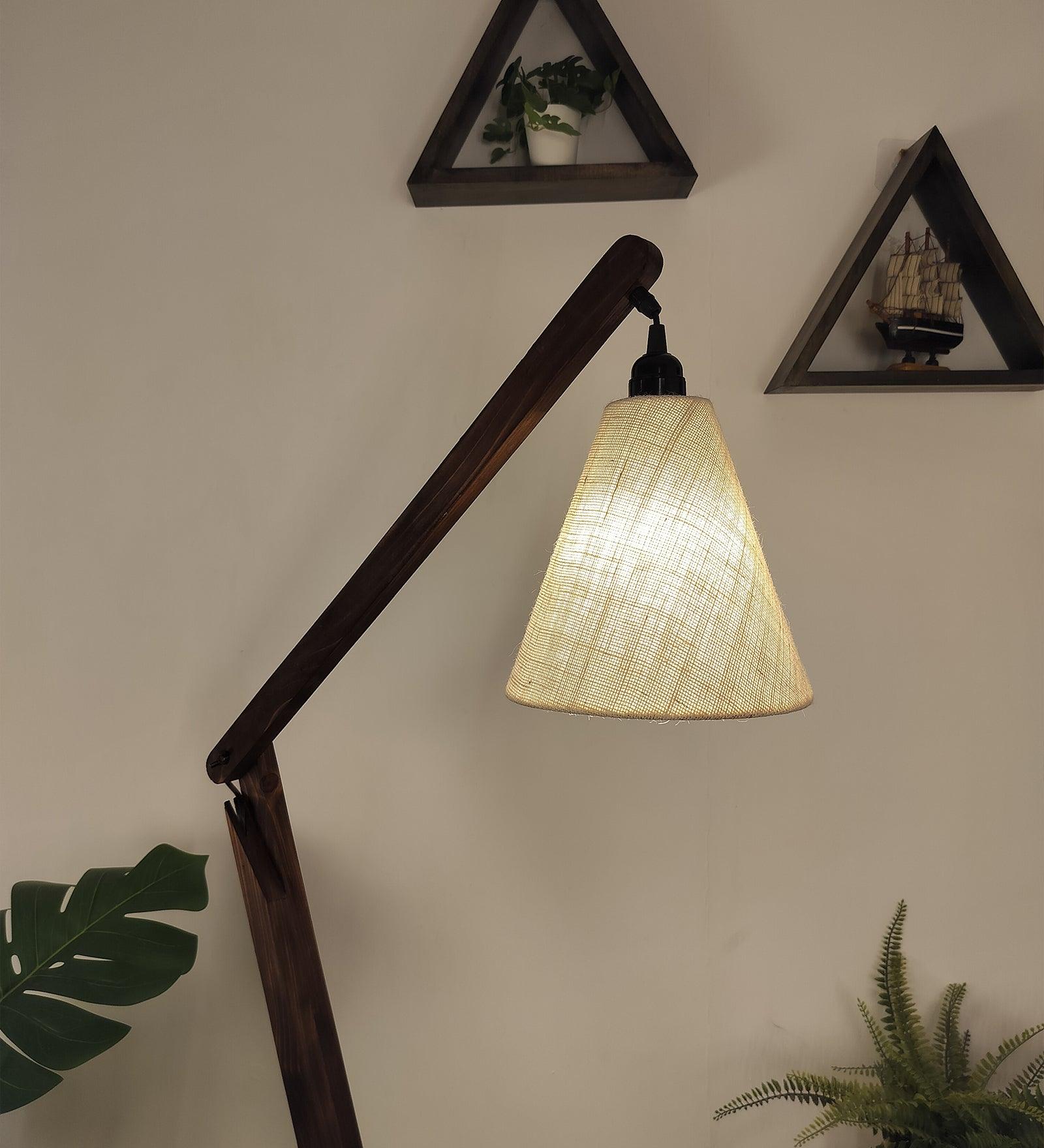 Benji Wooden Floor Lamp with Brown Base and Beige Fabric Lampshade (BULB NOT INCLUDED) - Ouch Cart