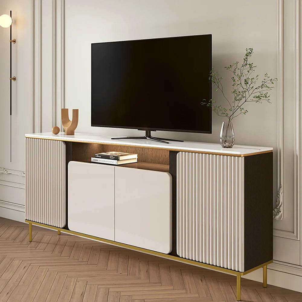 Modern Fluted TV Unit with Storage Cabinet & Shelves Ouch Cart
