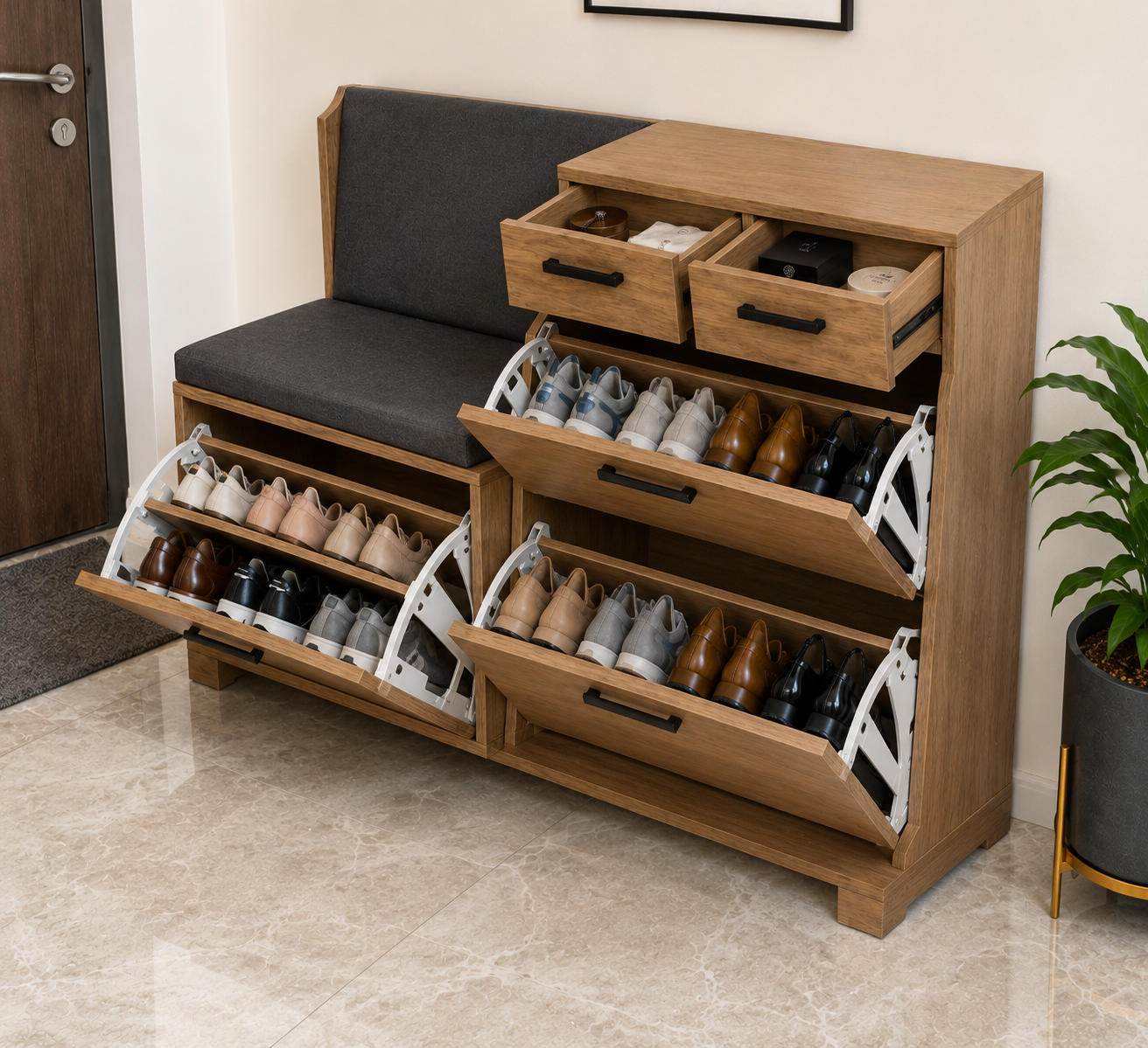 Modern Wooden Shoe Storage Cabinet with Cushioned Bench Seat | Entryway Shoe Organizer with Soft-Close Drawers & Matte Black Handles Ouch Cart
