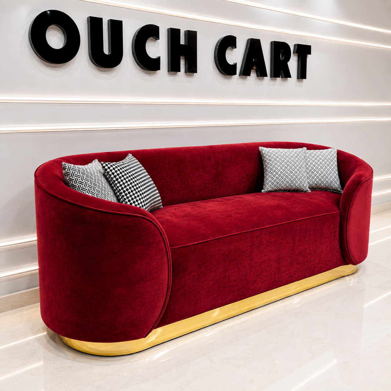 Ouch Cart Luxury Red Velvet Sofa | Modern 3-Seater Curved Sofa with Gold Base OUCH CART