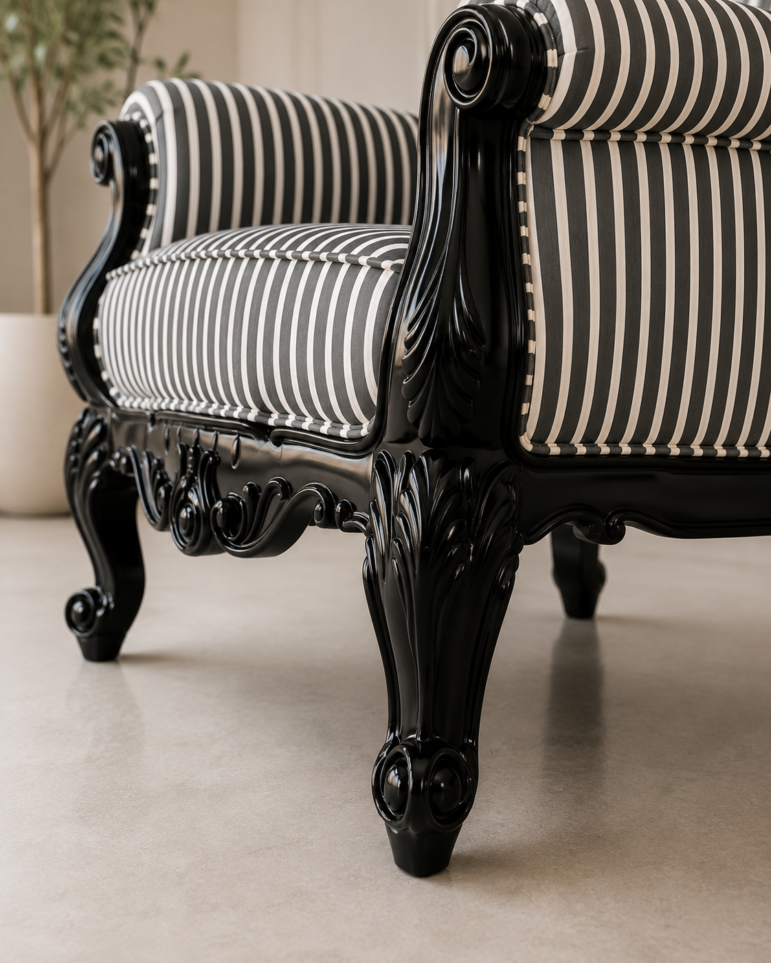 Baroque Carved Wooden Armchair with Black & White Striped Upholstery | High Back Accent Chair