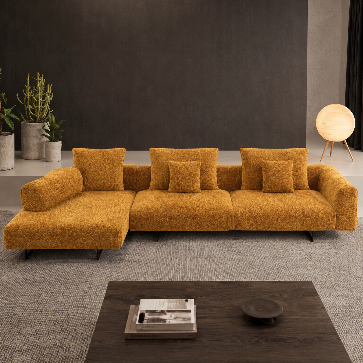 Modern Mustard Bouclé Sectional Sofa | Luxury Modular Fabric Sofa with Metal Legs | Contemporary Living Room Couch