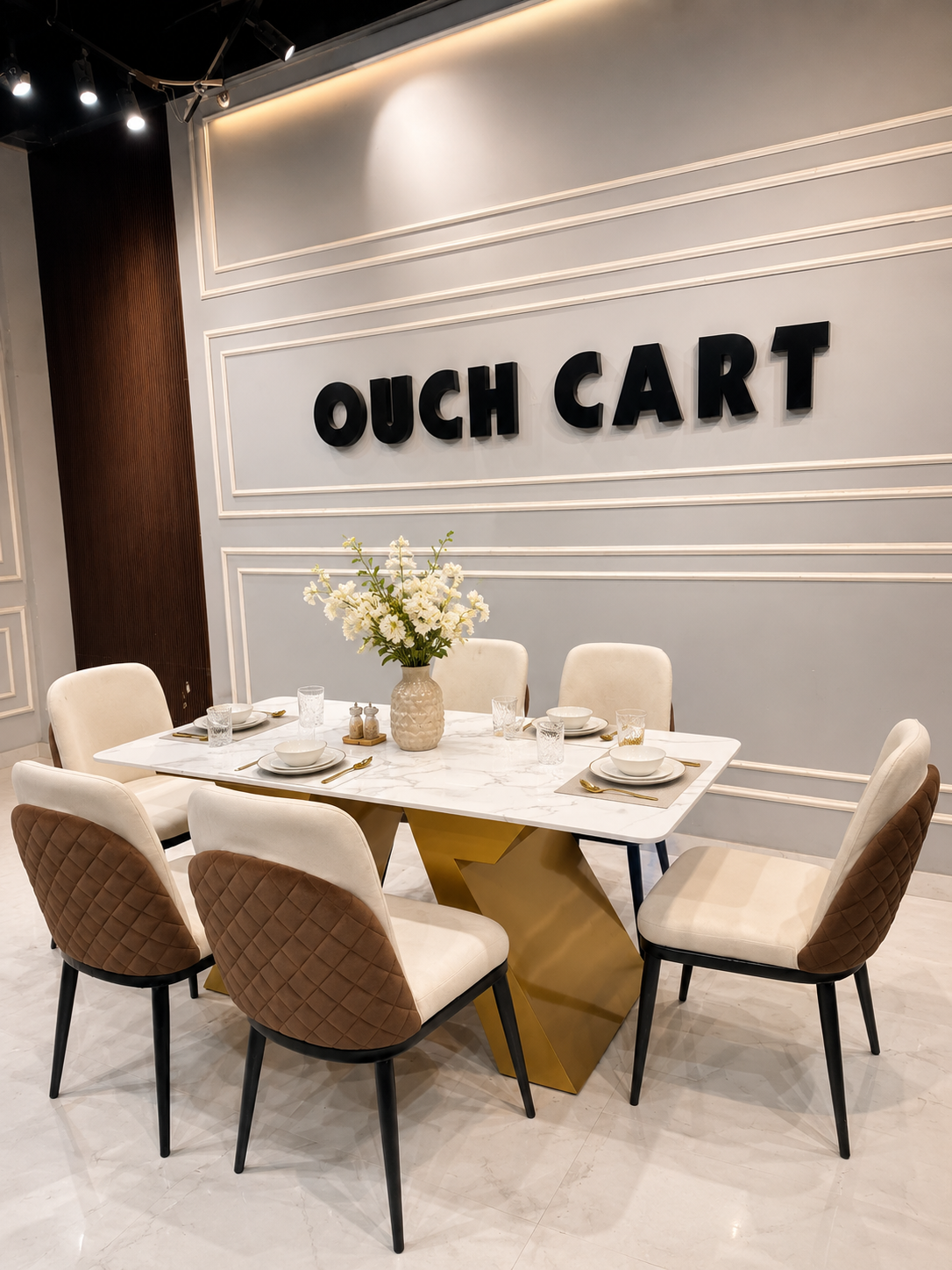 Modern 6 Seater Marble Dining Table Set with Gold Metal Base & Upholstered Chairs | Luxury Dining Room Furniture OUCH CART
