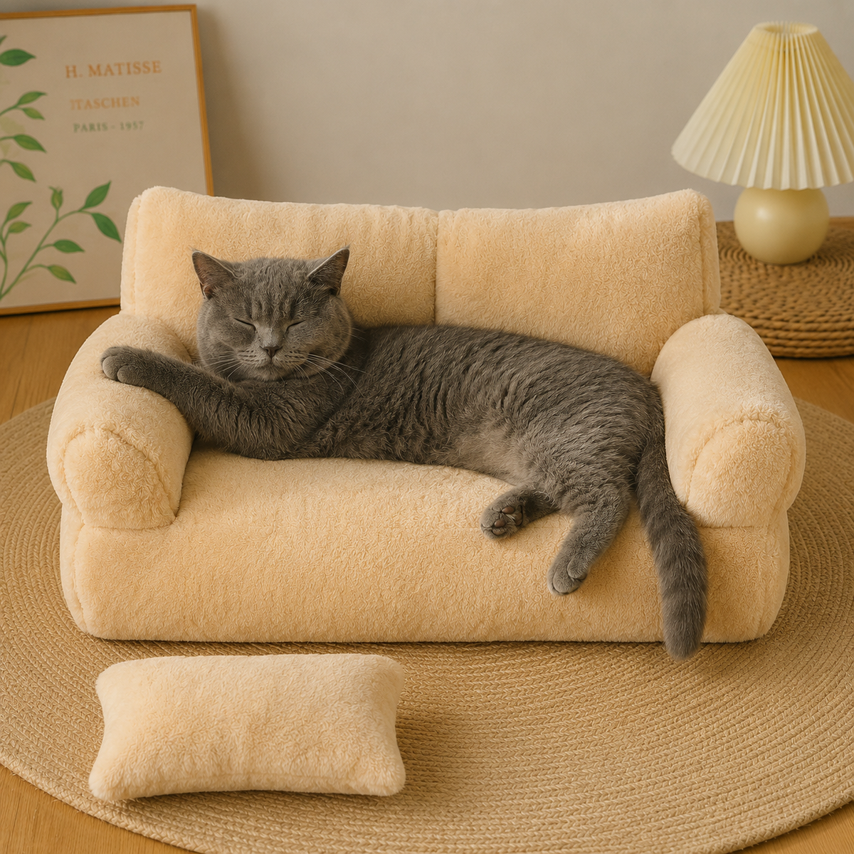 Luxury Plush Pet Sofa Bed with Cushion | Soft Teddy Fabric Dog & Cat Couch | Cozy Indoor Pet Bed for Small Dogs & Cats OUCH CART